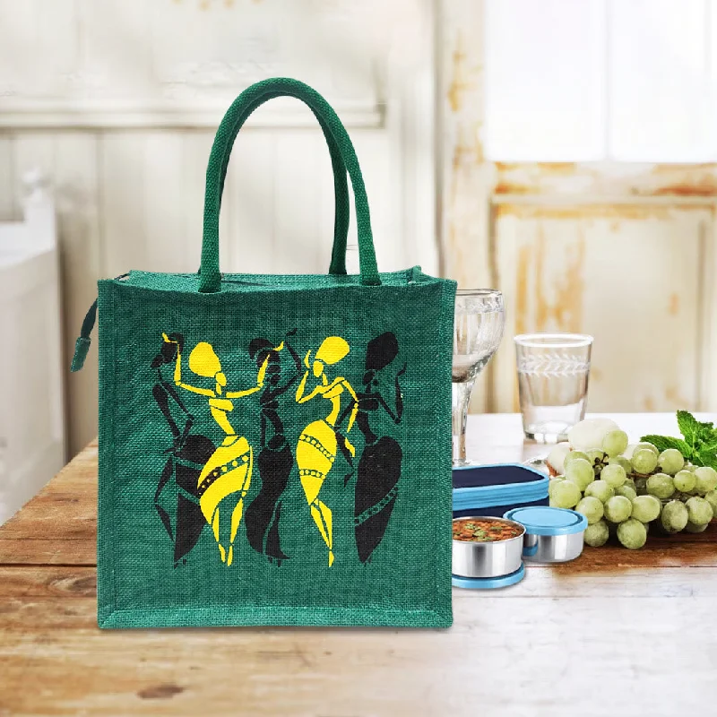 Insulated stainless - steel lunch bags with leak - proof lining for school kidsTRIBAL DANCE INSPIRED JUTE BAG