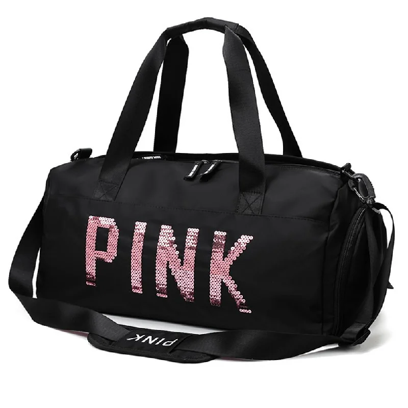 Sports gym bags with a separate shoe compartment to keep shoes separateGym Bag Nylon Large Capacity Dry Wet Separation handbag shoulder Messenger Bags sequins PINK letters Unisex Outdoor Sports Bag