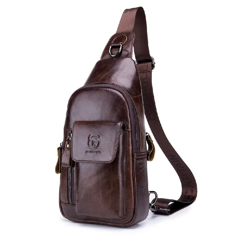 Men's chest bags with a side - access pocketBULLCAPTAIN Leather Men Crossbody Shoulder Bag Chest Bag Sling Backpack