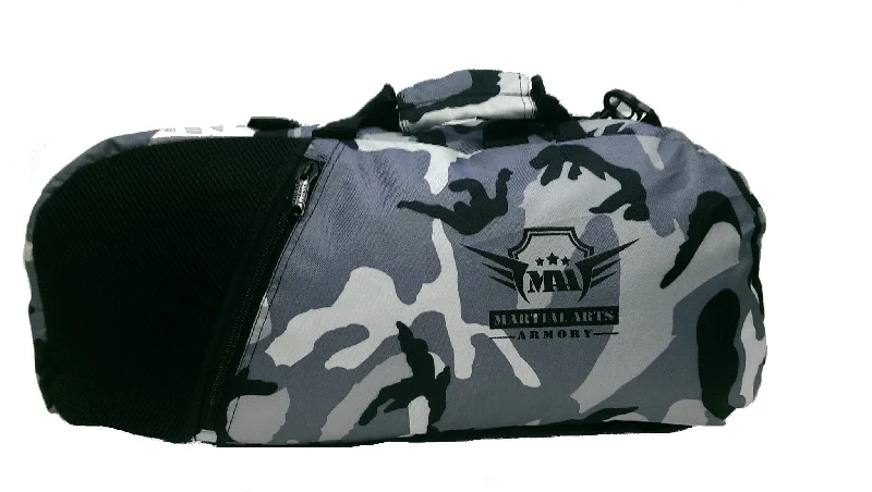 Leather gym bags with antique brass hardware for a classic and luxurious lookMartial Arts Armory Gym Bag Backpack - Camo