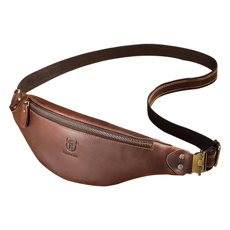 Men's chest bags with a removable interior dividerBULLCAPTAIN Crazy Horse Leather Fanny Pack Classic Retro Men's Belt Mobile Phone Bag