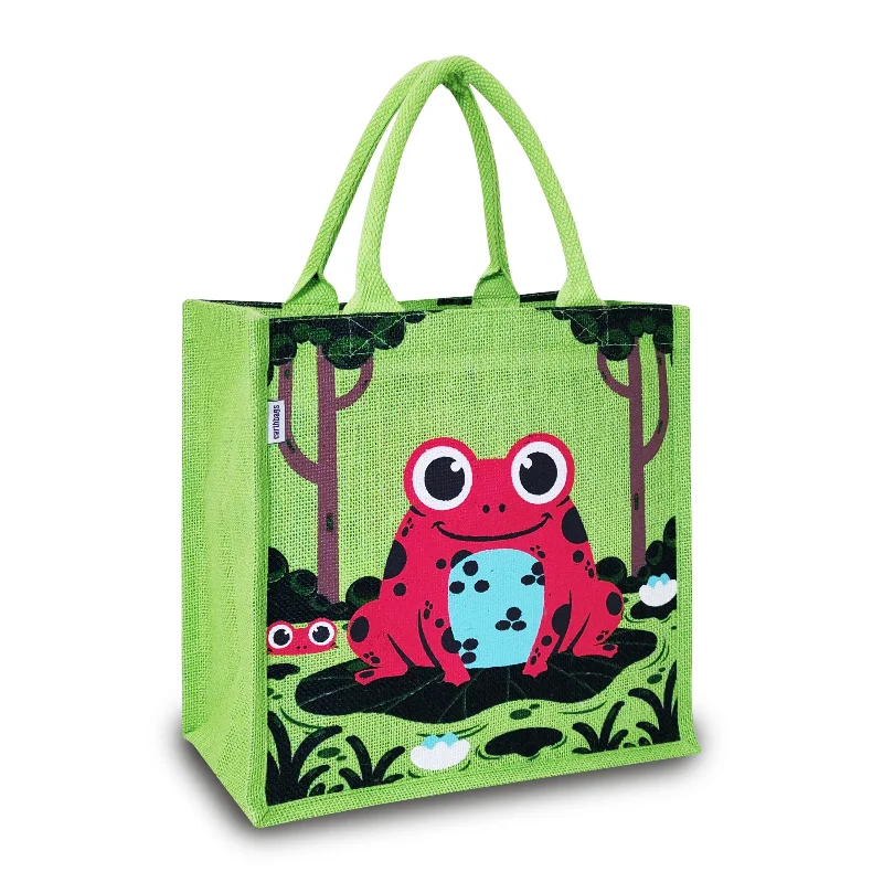 Lunch bags with a personalized monogram for a unique giftWHIMSICAL FROG PRINT JUTE BAG