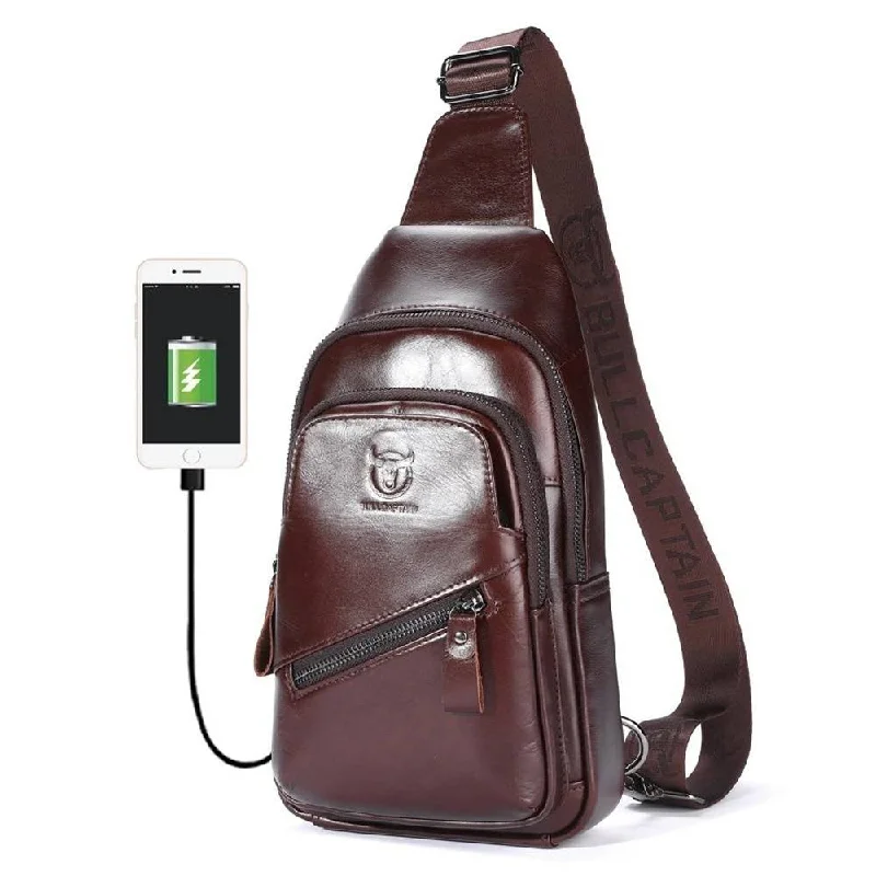 Men's chest bags with a multi - purpose pocket layoutBULLCAPTAIN Vintage Leather Sling Chest Bag with USB Charge Port