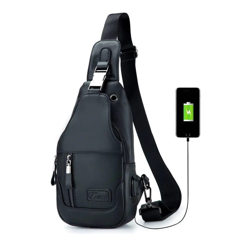 Men's chest bags with a front - flap designLeather Sling Bag Casual Mens Crossbody Chest Bag Travel Backpacks with USB Charging Port