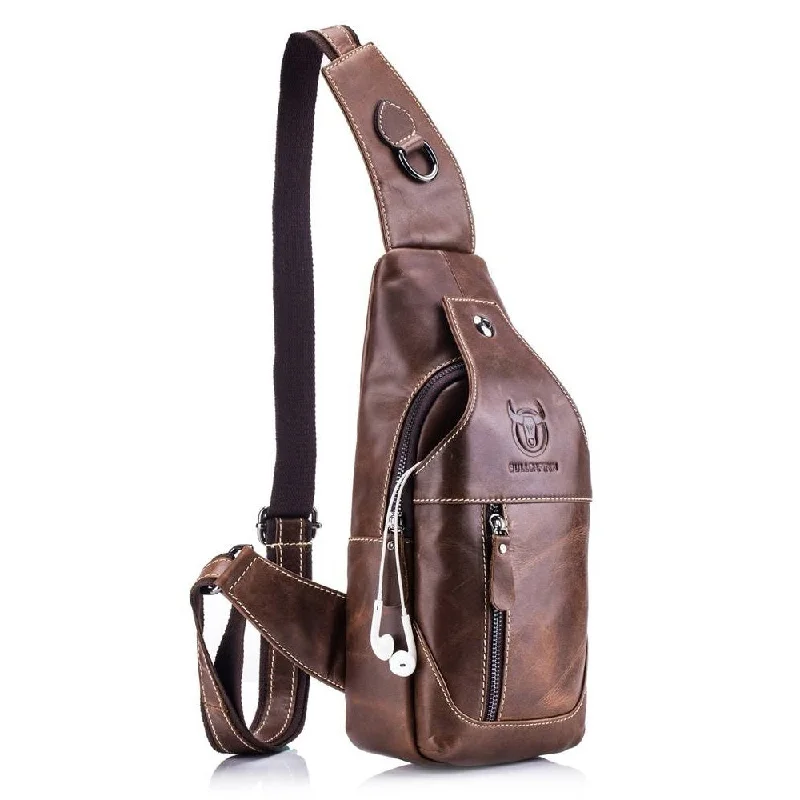 Men's chest bags with a key leash insideBULLCAPTAIN Men Sling Backpack Genuine Leather Shoulder Crossbody Chest Bag