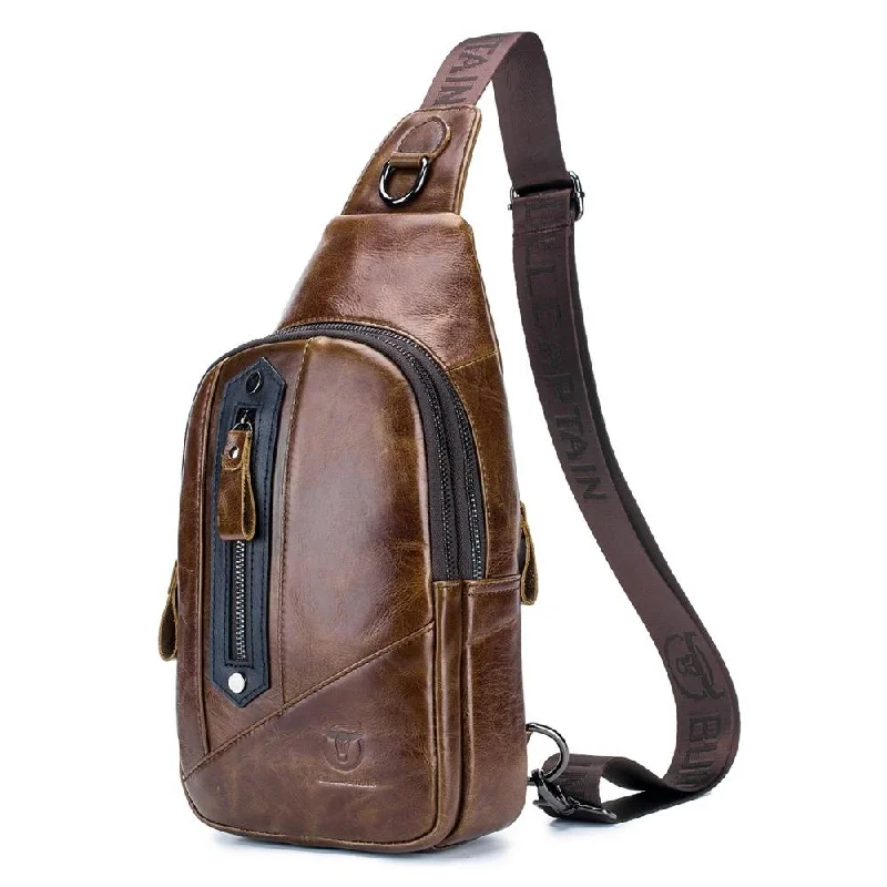 Men's chest bags with a quick - release buckleBULLCAPTAIN Leather Sling Bag for Men Casual Crossbody Shoulder Backpack