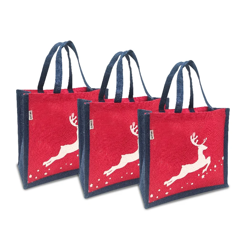 Cute cartoon - printed lunch bags made of polyester for toddlersFESTIVE REINDEER PRINT JUTE LUNCH BAG (Pack of 3)