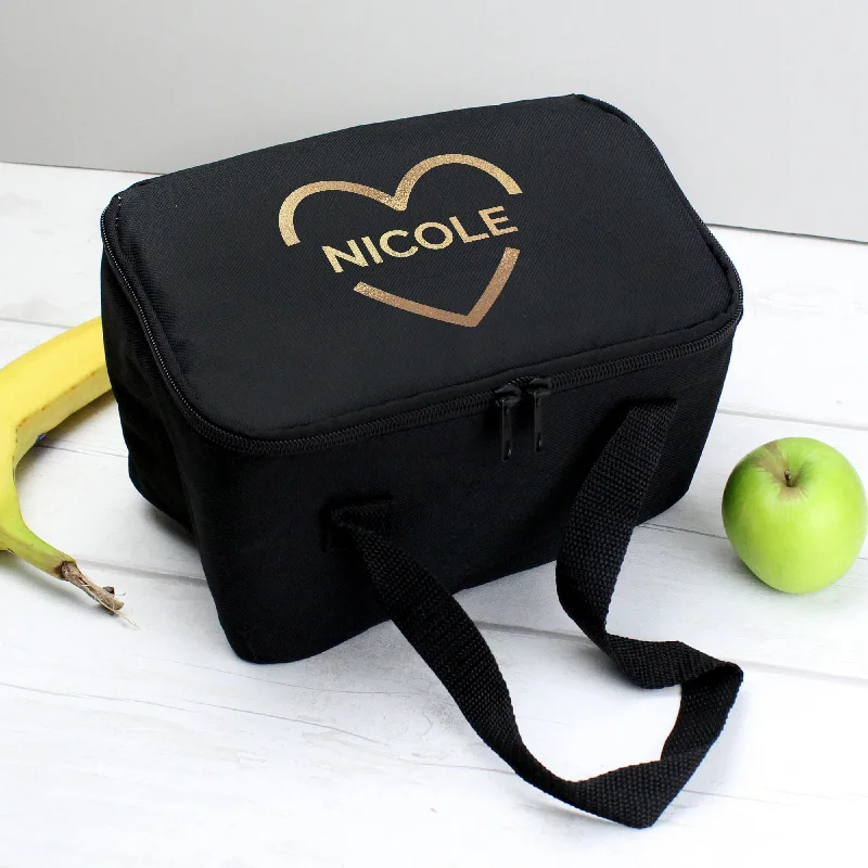 Leather lunch bags with a vintage look and brass hardware for business lunchesPersonalised Gold Heart Black Lunch Bag - Personalise It!