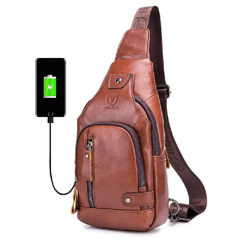 Men's chest bags with a water - resistant coatingBULLCAPTAIN Leather Men Sling Bags Travel Crossbody Chest Bag Hiking with USB Charging Port