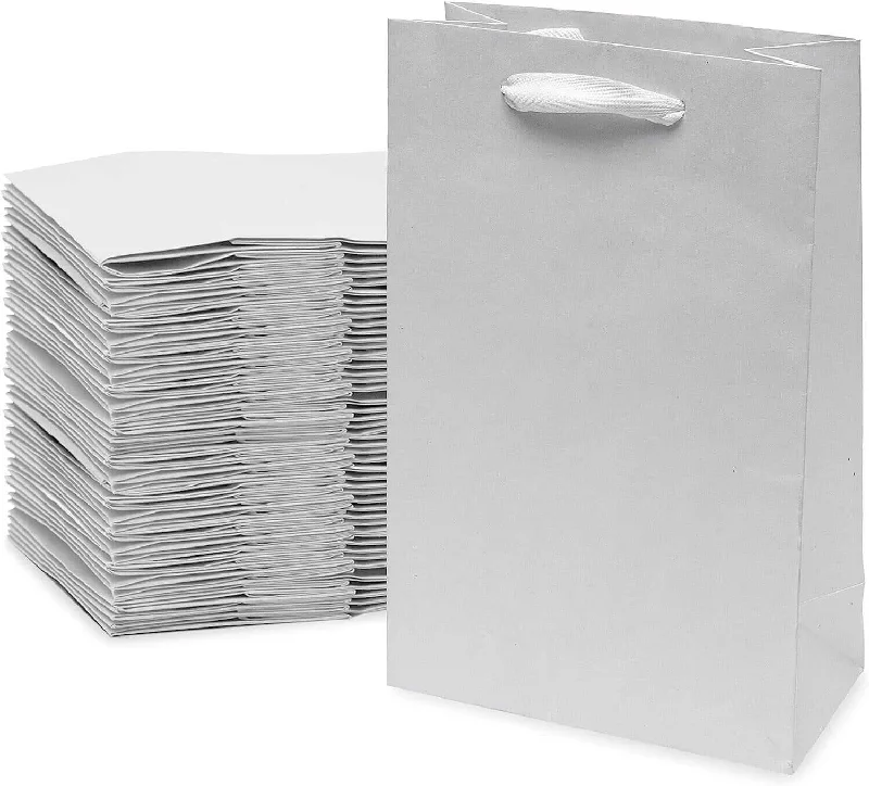 6x3x9 Extra Small White Paper Bags with Ribbon Handles