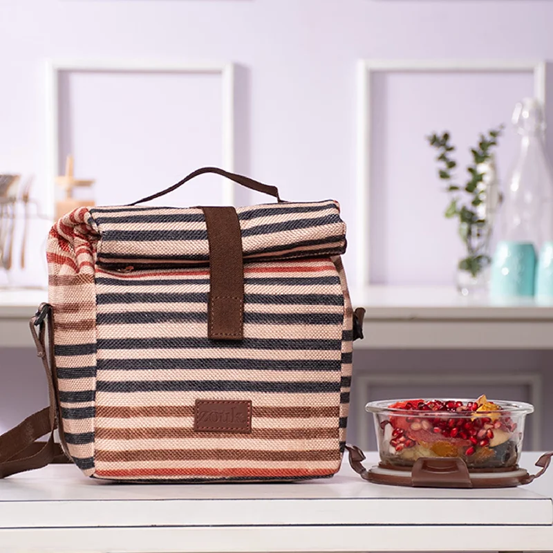 Leather lunch bags with a vintage look and brass hardware for business lunchesQutub Stripes Roll Up Lunch Bag