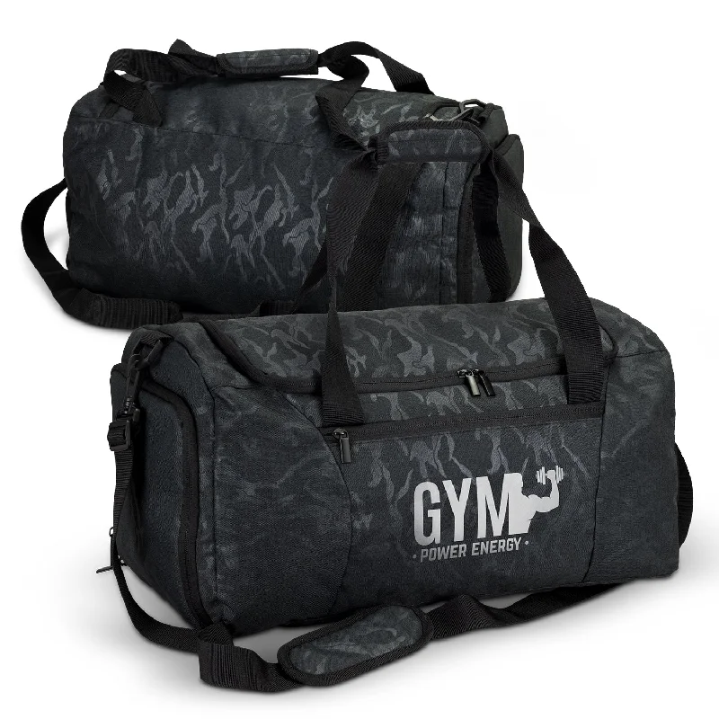 Military-style gym bags with MOLLE webbing for attaching extra gearUrban Camo Duffle