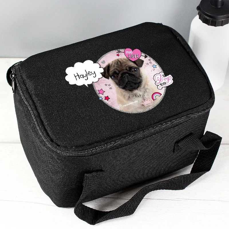 Soft - sided lunch bags with padded shoulder straps for comfortable carryingPersonalised Rachael Hale Doodle Pug Black Lunch Bag - Personalise It!