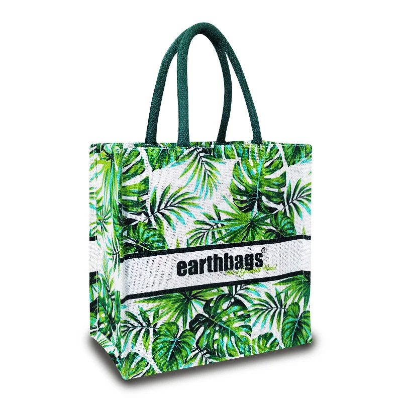 Insulated stainless - steel lunch bags with leak - proof lining for school kidsTROPICAL ELEGANCE- PALM LEAVES JUTE BAG