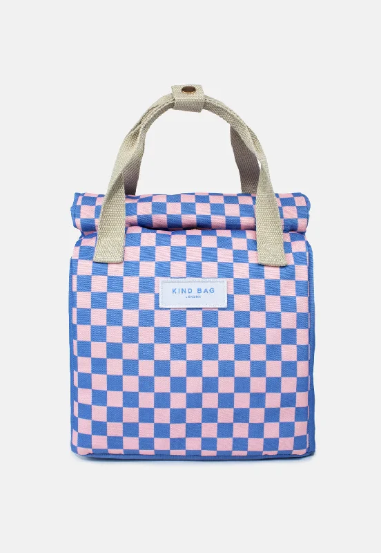 Reusable silicone lunch bags with a snap - lock closure for eco - friendly usersLunch Bag | Checkerboard Blue & Pink