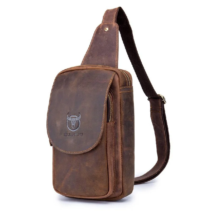 Men's chest bags with a shoulder - carry optionBULLCAPTAIN Men's Crossbody Bags Retro Crazy Horse Leather Sling Chest Bag