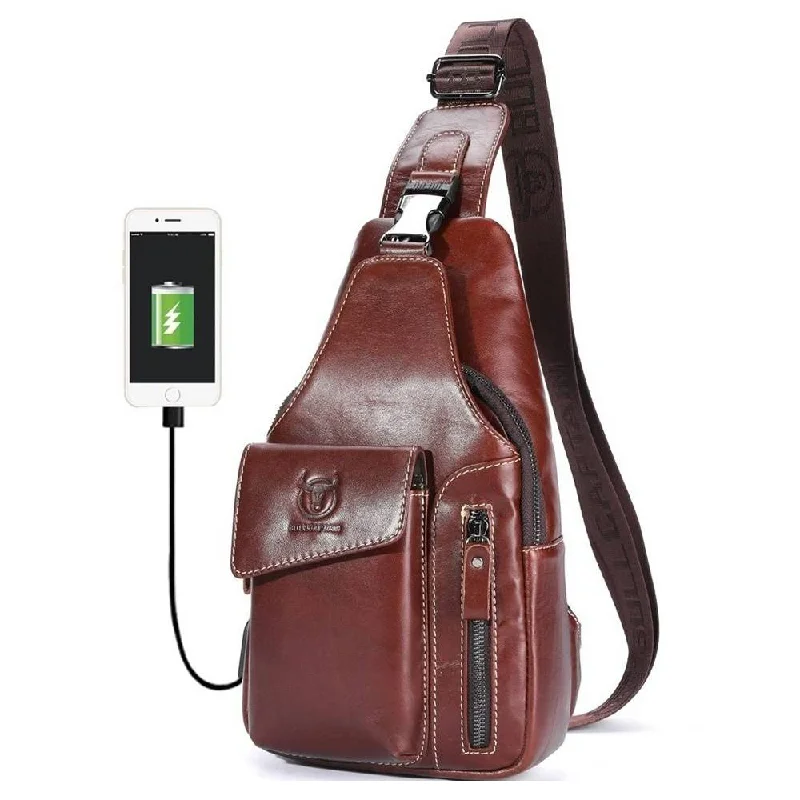 Men's chest bags with a shock - absorbing strapBULLCAPTAIN Leather Sling Chest Bag Casual Small Crossbody Bag  with USB Charge Port