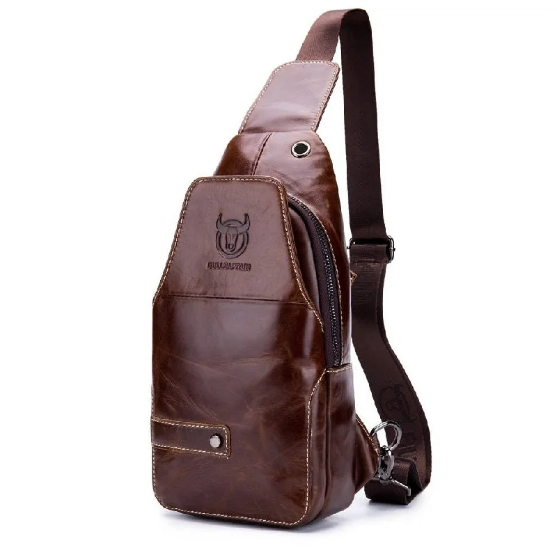 Men's chest bags with a fold - over flapBULLCAPTAIN Men Leather Sling Bag for Men Chest Bags Crossbody Pack