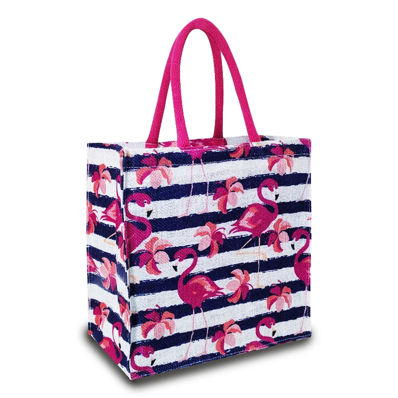 Reusable silicone lunch bags with a snap - lock closure for eco - friendly usersTROPICAL FLAMINGO JUTE BAG