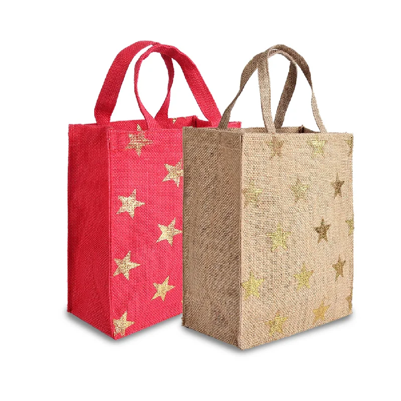 EARTHBAGS GOLD STAR JUTE GIFT BAG (PACK OF 2) - RED & BEIGE