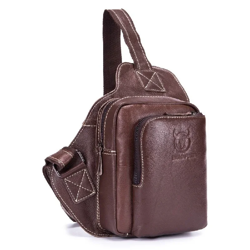 Men's waist bags with a contrast - color trimBULLCAPTAIN Men Bags Shoulder Leather Sling Cross Body Bag Chest Pack