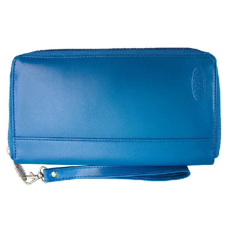 Phone wallets with magnetic closuresLeather Panther Clutch Ocean Blue