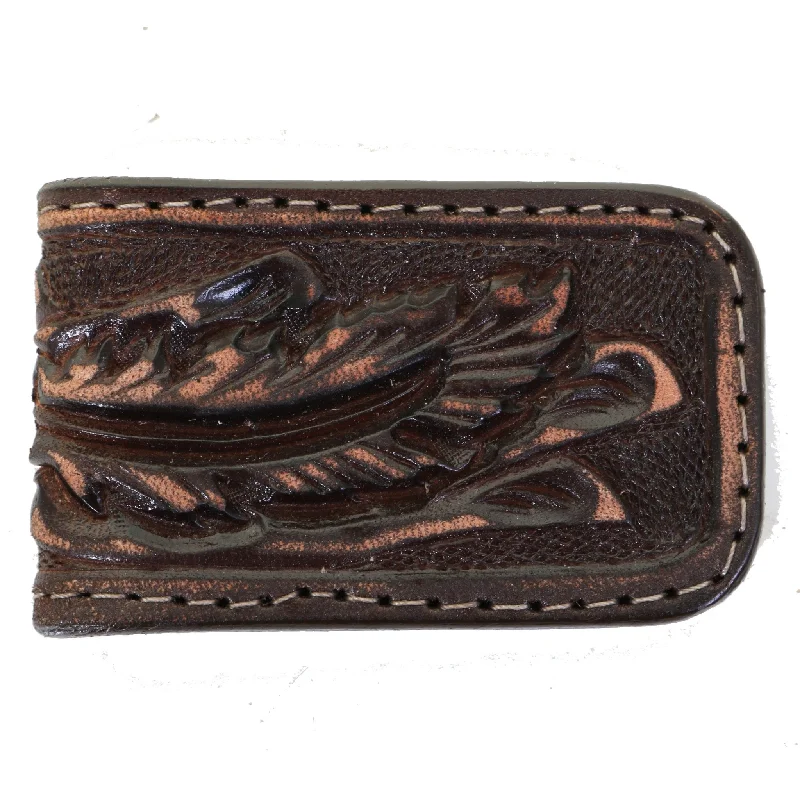 Money clips with built-in bottle openersMCM14 - Brown Vintage Feather Tooled Magnetic Money Clip