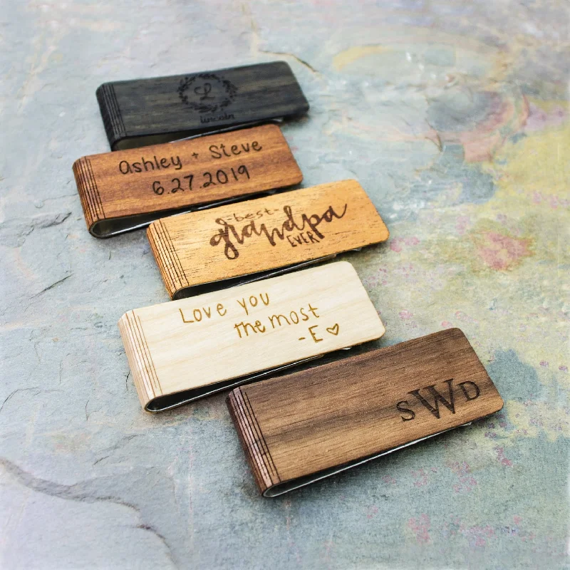 Custom money clips for corporate giftsReal Wood Money Clip with Custom Engraving or Handwriting