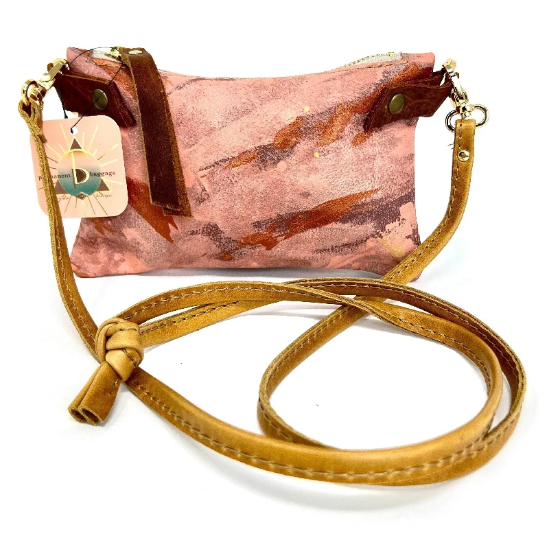 Vintage-style leather baggage with brass hardware for a classic lookSmall Leather Shoulder Bag Crossbody Purse For Women - Hand Painted in Colors of Blush Pink Purple and Metallic Copper - One Of A Kind