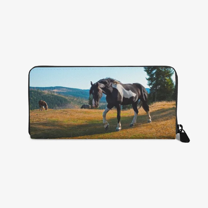 Military - grade phone wallets for rugged useWristlet Phone Wallet, Black And White Stallion Horse Nature Landscape Leather