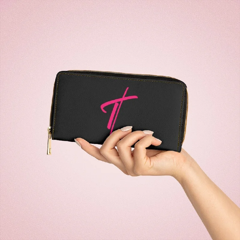 Suede phone wallets for a luxurious lookWristlet Phone Wallet, Black and Pink Cross Graphic Purse