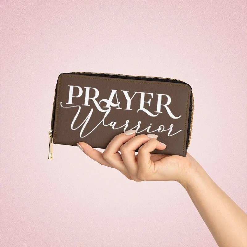 Transparent phone wallets with colored accentsWristlet Phone Wallet, Dark Brown and White Prayer Warrior Graphic Purse