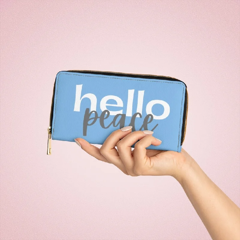 Holographic phone wallets for a trendy appearanceWristlet Phone Wallet, Light Blue and White Hello Peace Graphic Purse