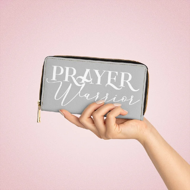 Printed phone wallets with motivational quotesWristlet Phone Wallet, Light Grey and White Prayer Warrior Graphic Purse