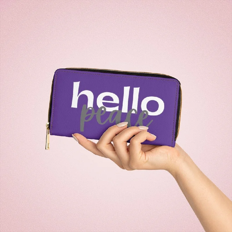 Braided phone wallets for a unique textureWristlet Phone Wallet, Purple and White Hello Peace Graphic Purse