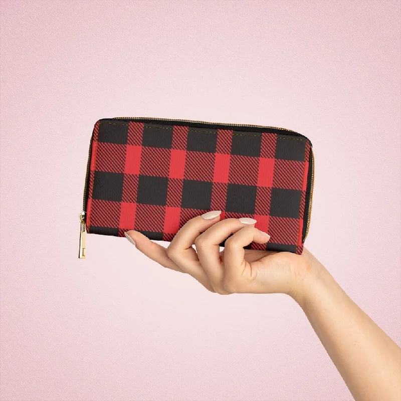 Phone wallets with detachable straps for hands - free carryingWristlet Phone Wallet, Red and Black Plaid Style Purse