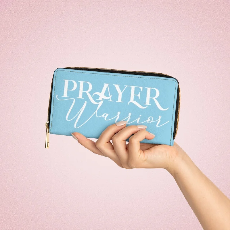 Phone wallets with elastic bands for holding receiptsWristlet Phone Wallet, Sky Blue and White Prayer Warrior Graphic Purse