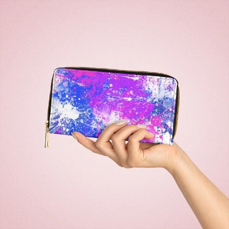 Phone wallets with zippered compartmentsWristlet Phone Wallet, White and Purple Multicolor Abstract Style Purse