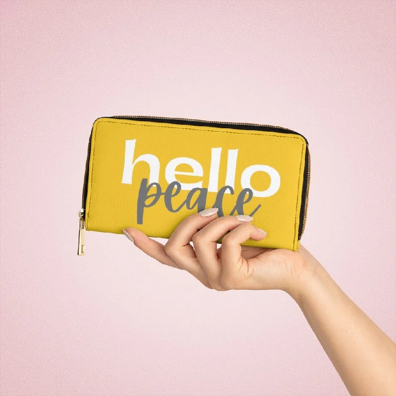 Holographic phone wallets for a trendy appearanceWristlet Phone Wallet, Yellow and White Hello Peace Graphic Purse