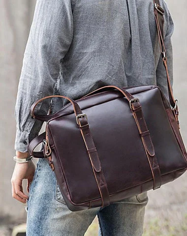 Dark Brown Cool Leather Mens Large 15 inches Briefcase Laptop Briefcase Messenger Bags Side Bags Work Bag for Men