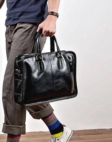 Vintage Black Mens Leather Briefcase Work Handbag Brown 14'' Computer Briefcase For Men