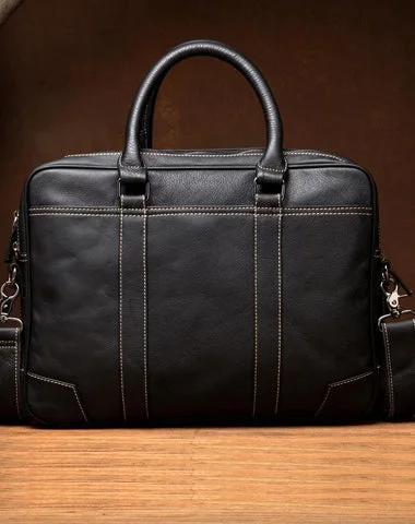 Black Leather Mens 15 inches Briefcase Laptop Side Bag Business Bags Work Bags for Men