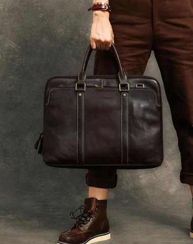 Coffee Leather Mens 15" Black Laptop Briefcase Business Brown Large Handbag For Men