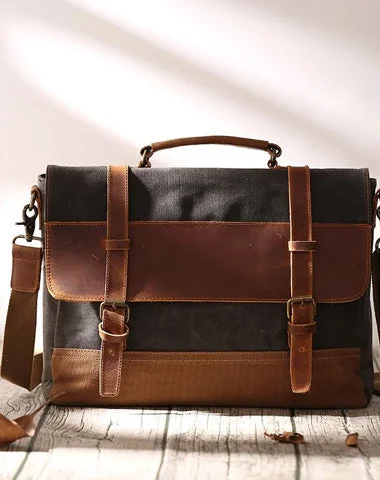 Canvas Leather Mens Side Bag Gray 14'' Briefcase Postman Bag Messenger Bag for Men