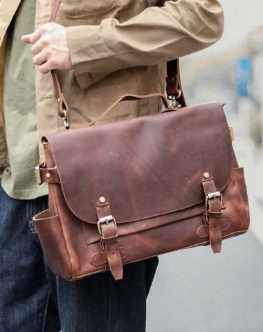 Vintage Dark Brown Leather Mens 14 inches Briefcase Black Work Briefcase Handbag For Men