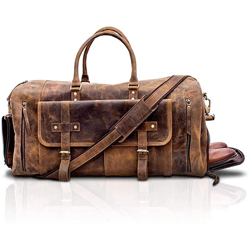 Vintage-inspired duffel bags with a distressed finish for a retro aestheticFR Fashion Co. 20" Men's Distressed Leather Duffle Bag