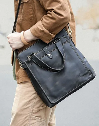 Vintage Black Mens Leather Vertical Briefcases Work Handbag Brown 10'' Computer Briefcases For Men