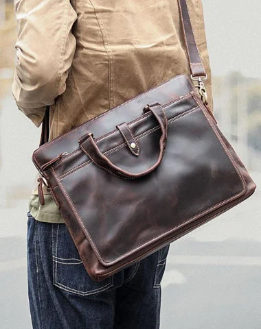 Vintage Dark Brown Mens Leather Briefcase Work Handbags Black 14'' Computer Briefcases For Men