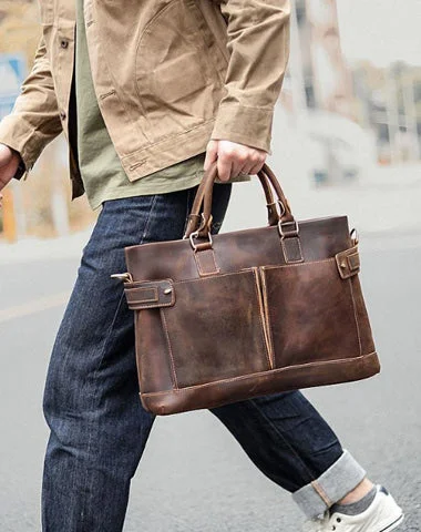 Vintage Dark Brown Mens Leather Briefcase Work Handbags Brown 14'' Computer Briefcase For Men