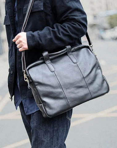 Vintage Coffee Mens Leather Briefcase Work Handbag Black 14'' Laptop Briefcases For Men